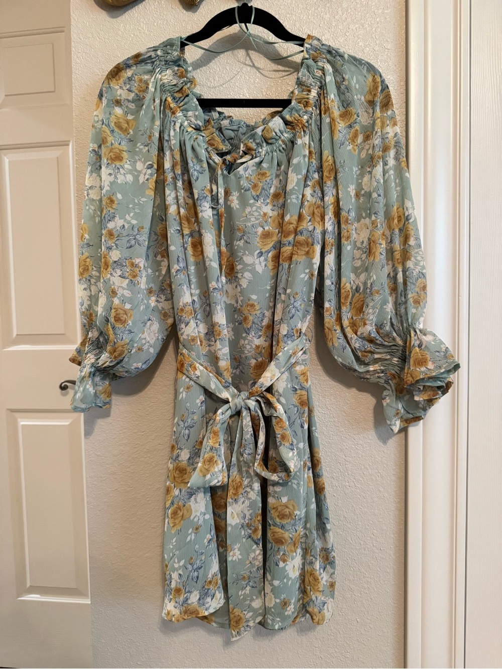 Floral Tie-Waist Smocked Neck Dress in Sage and Mustard